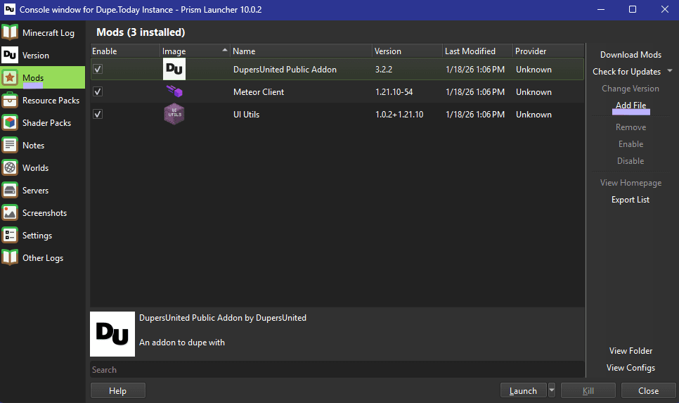 Prism Launcher's Mod Tab