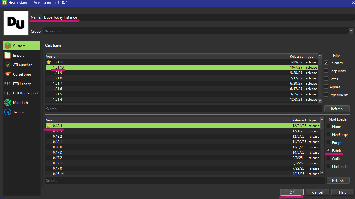 Prism Launcher's New Instance Screen