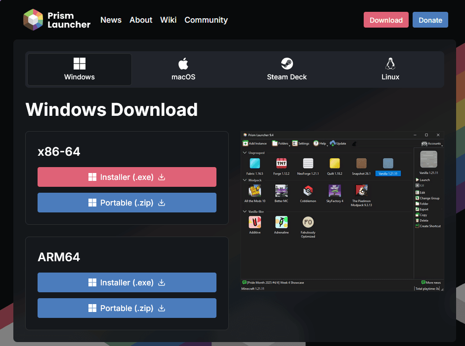 Prism Launcher's Download Options
